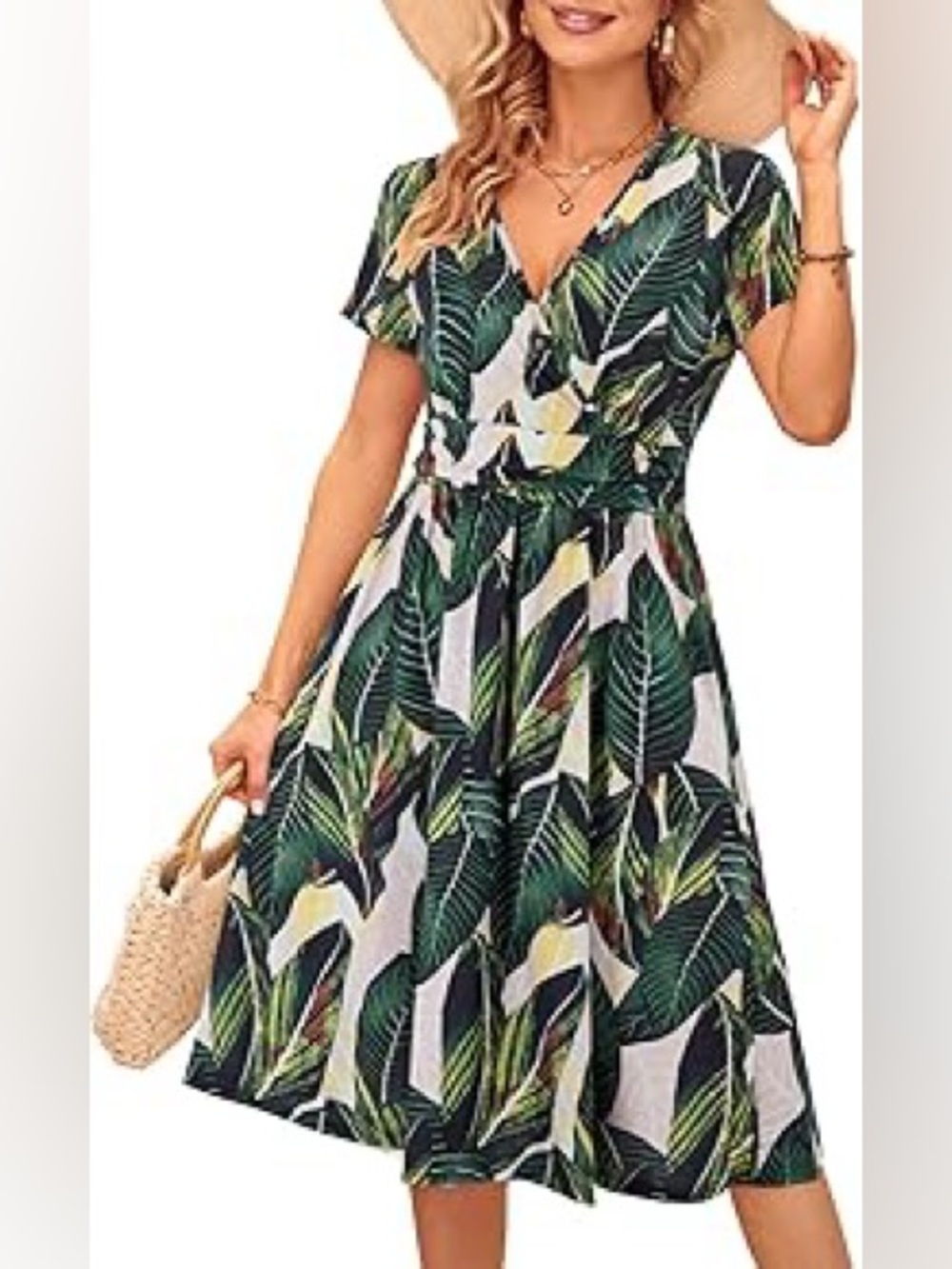 Ouges Green Tropical Leaf Print Midi Dress with Pockets